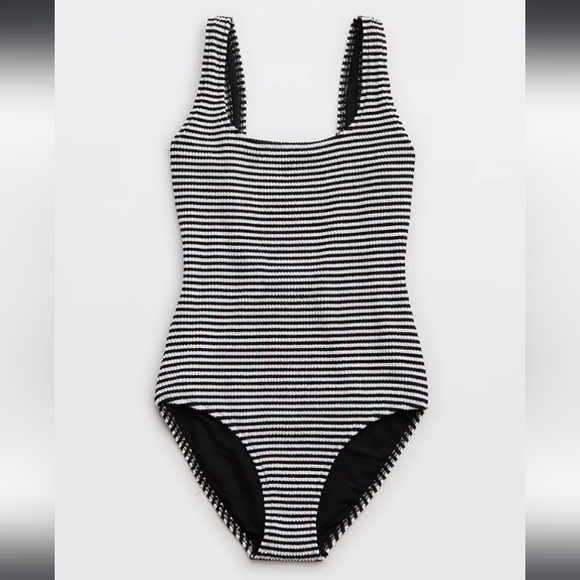 🆕️NWT Aerie Crinkle Stripe Wide Strap Scoop One Piece Swimsuit in 'True Black' - Picture 3 of 5